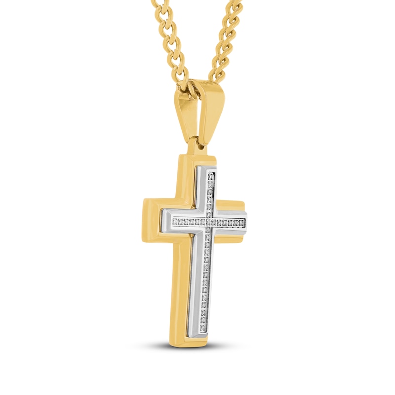 Main Image 2 of Men's Diamond Cross Necklace 1/10 ct tw Stainless Steel & Yellow Ion Plating 24"