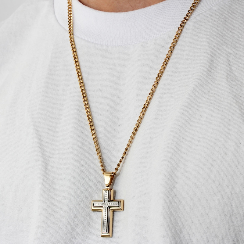 Main Image 4 of Men's Diamond Cross Necklace 1/10 ct tw Stainless Steel & Yellow Ion Plating 24"