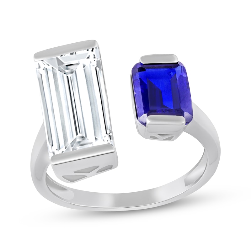Main Image 1 of Octagon-Cut Blue Lab-Created Sapphire & Baguette-Cut White Lab-Created Sapphire Deconstructed Ring Sterling Silver