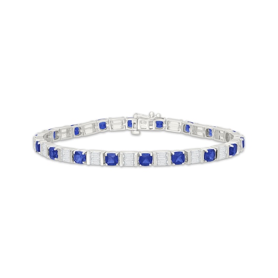 Cushion-Cut Blue Lab-Created Sapphire & Baguette-Cut White Lab-Created Sapphire Alternating Bracelet Sterling Silver 7"