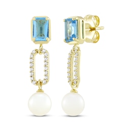 STUDIO BY KAY Cultured Pearl, Swiss Blue Topaz & White Lab-Created Sapphire Drop Earrings 24K Yellow Gold Vermeil Sterling Silver