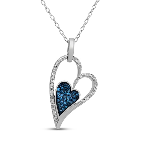 Blue & White Multi-Diamond Double Heart Necklace 1/5 ct tw Sterling Silver 18"