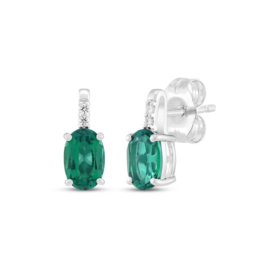 Oval-Cut Lab-Created Emerald & White Lab-Created Sapphire Stud Earrings Sterling Silver