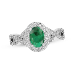 Oval-Cut Lab-Created Emerald & White Lab-Created Sapphire Halo Twist Ring Sterling Silver 18"