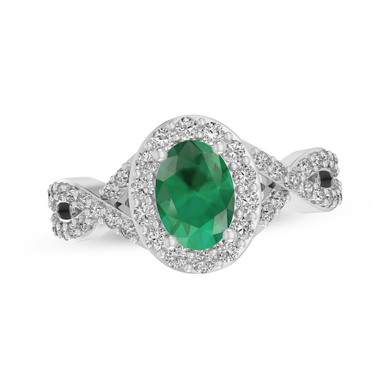 Oval-Cut Lab-Created Emerald & White Lab-Created Sapphire Halo Twist Ring Sterling Silver 18"