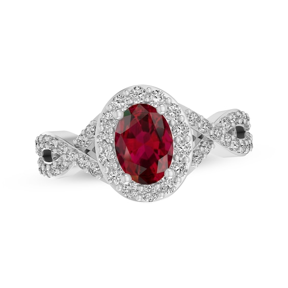 Oval-Cut Lab-Created Ruby & White Lab-Created Sapphire Halo Twist Ring Sterling Silver 18"