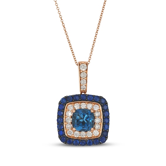 Le Vian Natural London Blue Topaz & Blue Sapphire Halo Necklace 1/2 ct tw Diamonds 14K Strawberry Gold 20"