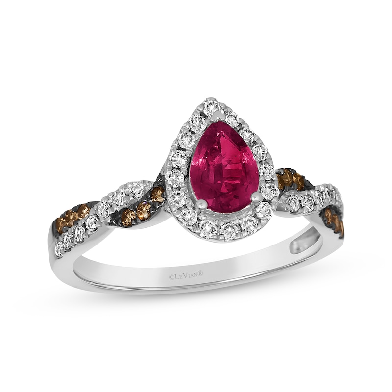 Main Image 1 of Le Vian Chocolate Twist Pear-Shaped Ruby Ring 1/3 ct tw Diamonds 14K Vanilla Gold