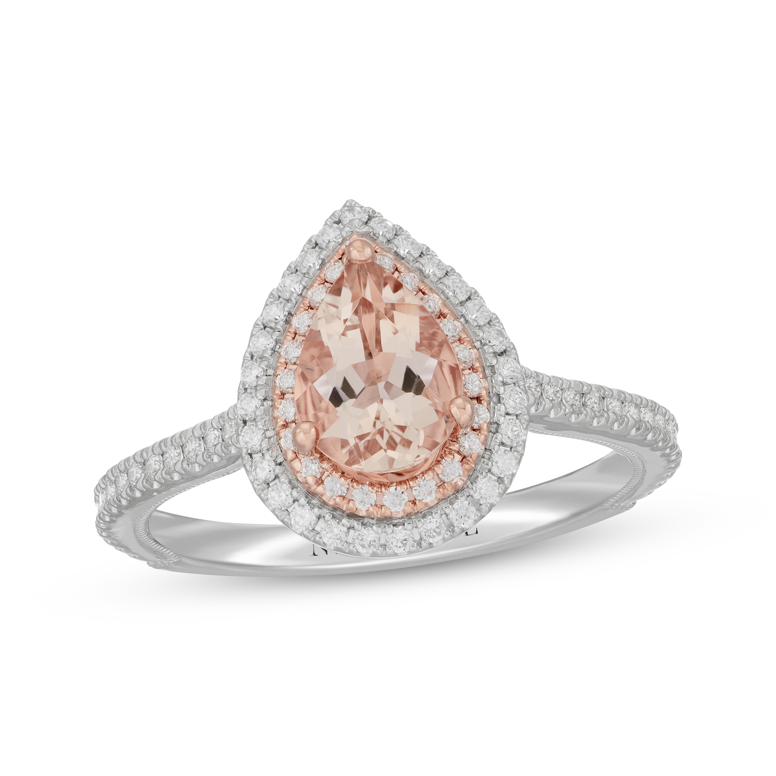 Main Image 1 of Neil Lane Pear-Shaped Morganite & Diamond Halo Engagement Ring 3/8 ct tw 14K Two-Tone Gold