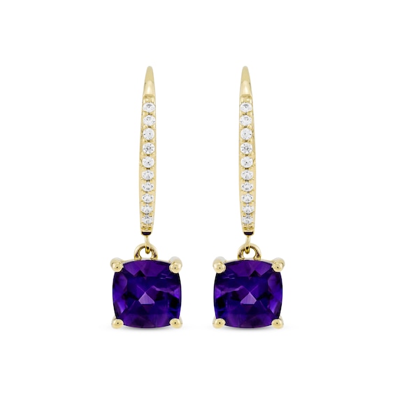 Thumbnail Image 2 of Cushion-Cut Amethyst & Diamond Drop Earrings 1/10 ct tw 10K Yellow Gold