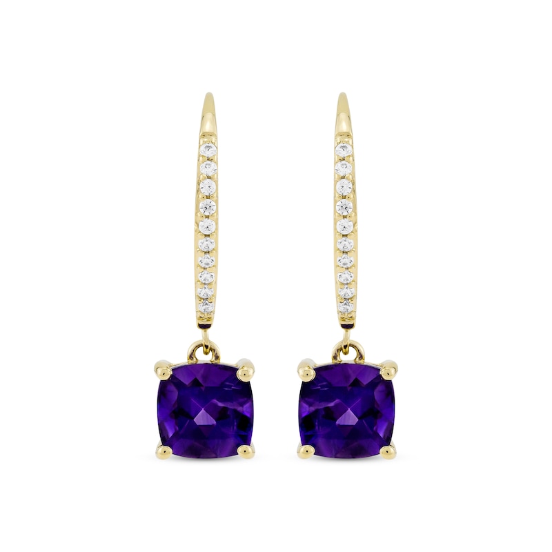 Main Image 2 of Cushion-Cut Amethyst & Diamond Drop Earrings 1/10 ct tw 10K Yellow Gold