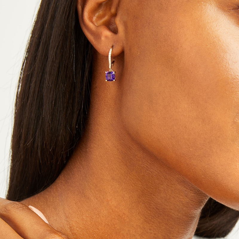 Main Image 3 of Cushion-Cut Amethyst & Diamond Drop Earrings 1/10 ct tw 10K Yellow Gold