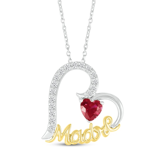 Lab-Created Ruby & White Lab-Created Sapphire "Madre" Heart Necklace Sterling Silver & 10K Yellow Gold 18"