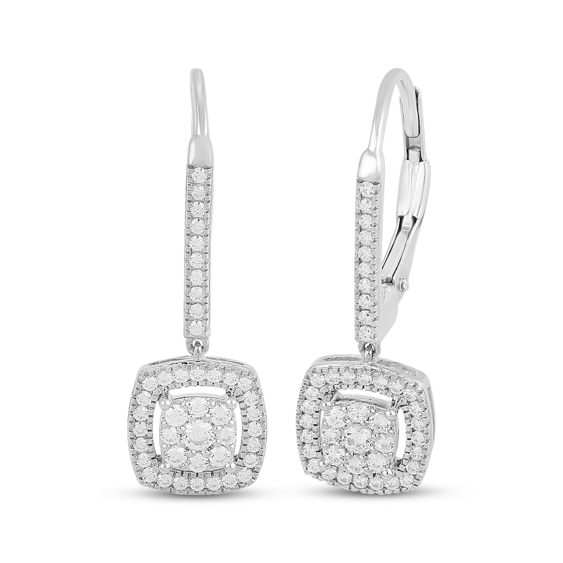 Main Image 1 of Multi-Diamond Cushion Halo Dangle Earrings 1/3 ct tw 10K White Gold