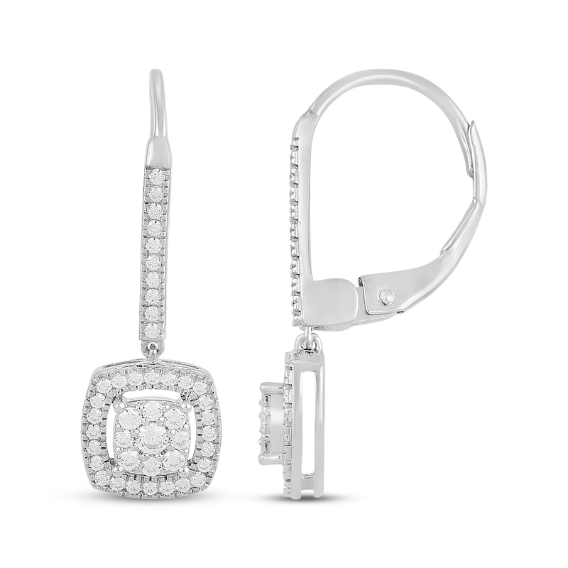 Main Image 3 of Multi-Diamond Cushion Halo Dangle Earrings 1/3 ct tw 10K White Gold