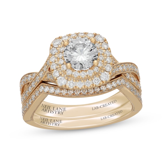 Neil Lane Artistry Round-Cut Lab-Grown Diamond Round-Cut Double Halo Bridal Set 1-1/2 ct tw 14K Yellow Gold