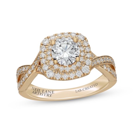 Neil Lane Artistry Round-Cut Lab-Grown Diamond Double Halo Engagement Ring 1-3/8 ct tw 14K Yellow Gold
