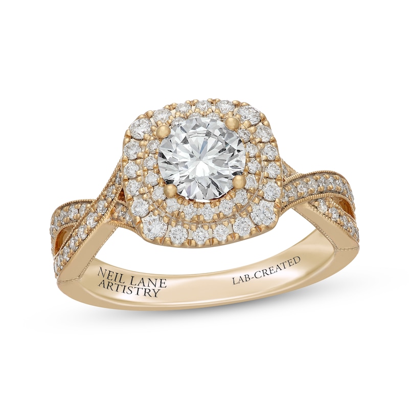 Main Image 1 of Neil Lane Artistry Round-Cut Lab-Grown Diamond Double Halo Engagement Ring 1-3/8 ct tw 14K Yellow Gold