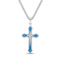 Men's Cubic Zirconia Cross Necklace Stainless Steel & Blue Ion Plating 24"