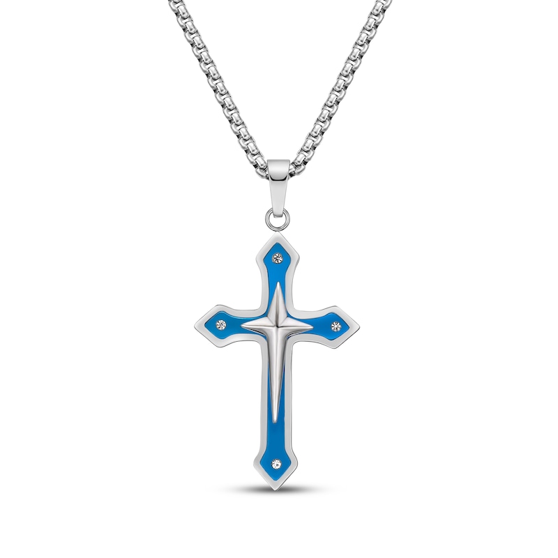 Main Image 1 of Men's Cubic Zirconia Cross Necklace Stainless Steel & Blue Ion Plating 24"