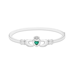 Heart-Shaped Lab-Created Emerald & White Lab-Created Sapphire Claddagh Bangle Bracelet Sterling Silver 7"