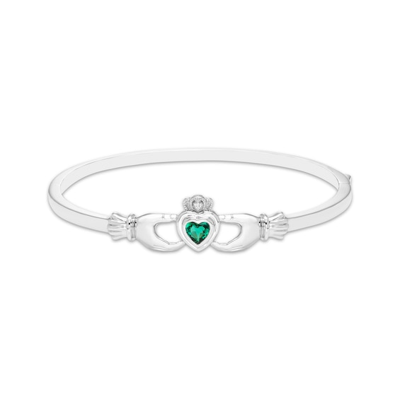 Heart-Shaped Lab-Created Emerald & White Lab-Created Sapphire Claddagh Bangle Bracelet Sterling Silver 7"