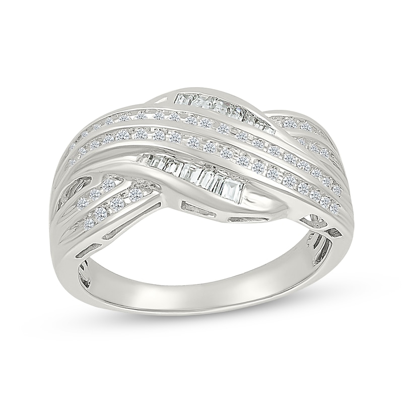 Main Image 1 of Baguette & Round-Cut Diamond Multi-Row Crossover Ring 1/3 ct tw Sterling Silver