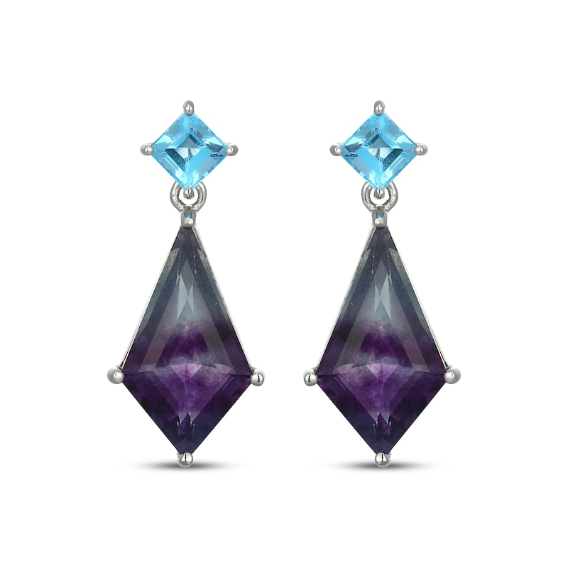 Main Image 2 of Kite-Shaped Fluorite & Square-Cut Swiss Blue Topaz Dangle Earrings Sterling Silver