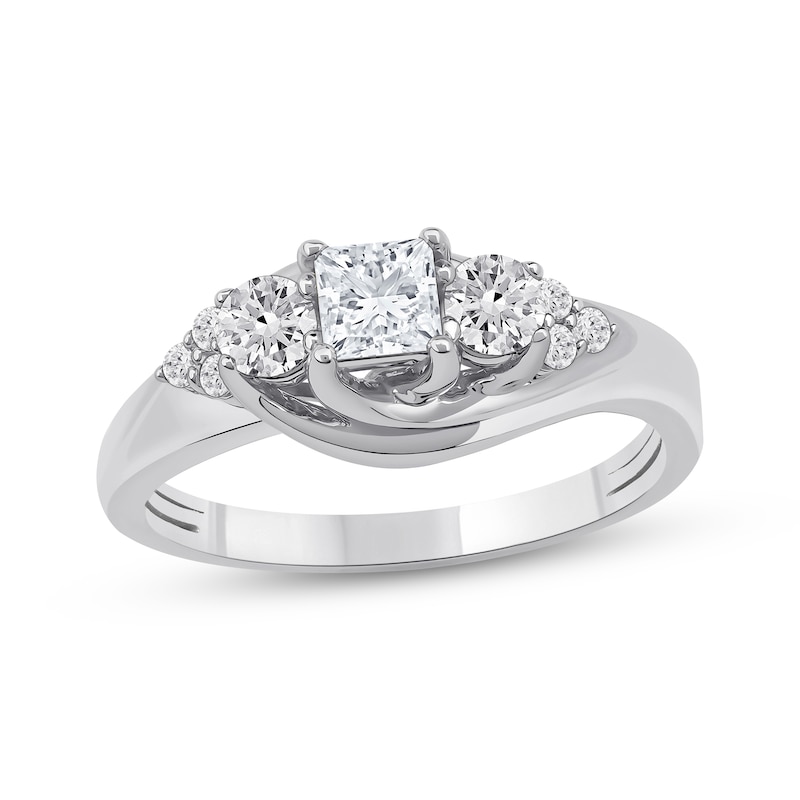 Main Image 1 of Memories Moments Magic Princess & Round-Cut Diamond Three-Stone Engagement Ring 3/4 ct tw 14K White Gold