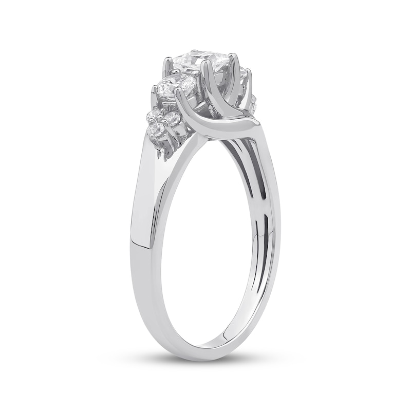 Main Image 2 of Memories Moments Magic Princess & Round-Cut Diamond Three-Stone Engagement Ring 3/4 ct tw 14K White Gold