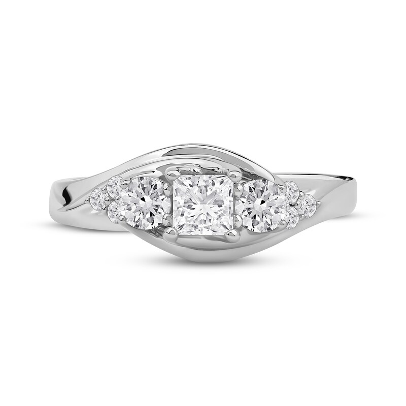 Main Image 3 of Memories Moments Magic Princess & Round-Cut Diamond Three-Stone Engagement Ring 3/4 ct tw 14K White Gold