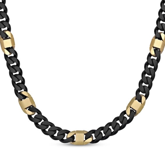 Curb Chain & Mariner Link Station Necklace 8mm Black & Yellow Ion-Plated Solid Stainless Steel 22"