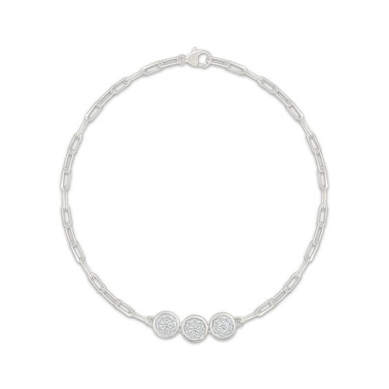 Diamond Three Circle Paperclip Chain Bracelet 1/4 ct tw Sterling Silver 7.25"