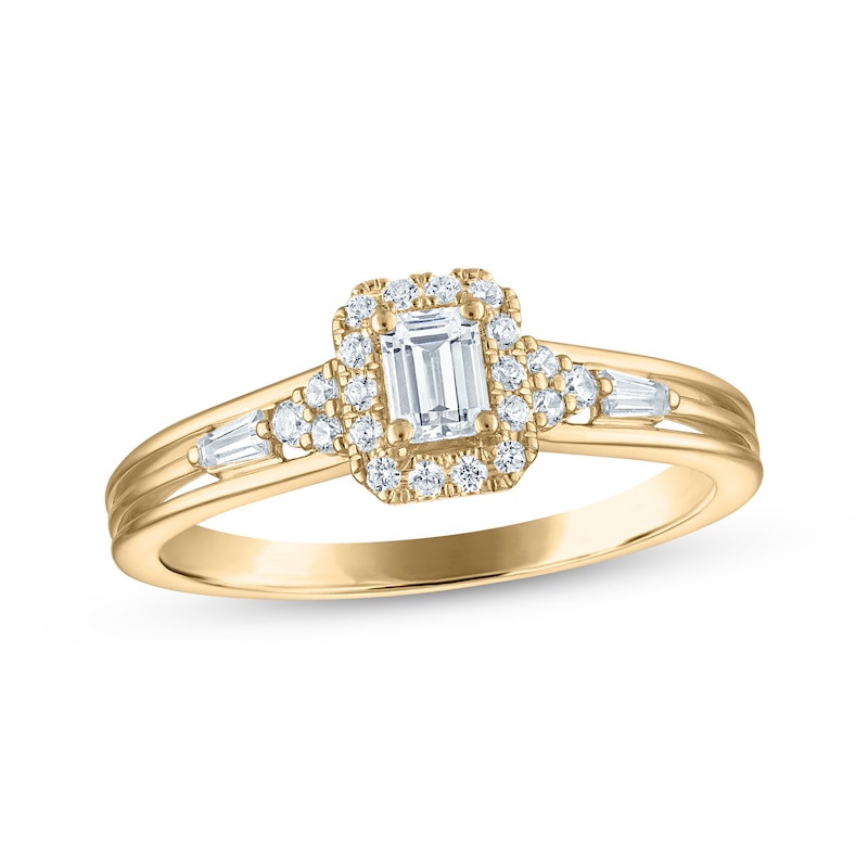 Main Image 1 of Emerald-Cut Diamond Halo Engagement Ring 1/2 ct tw 14K Yellow Gold