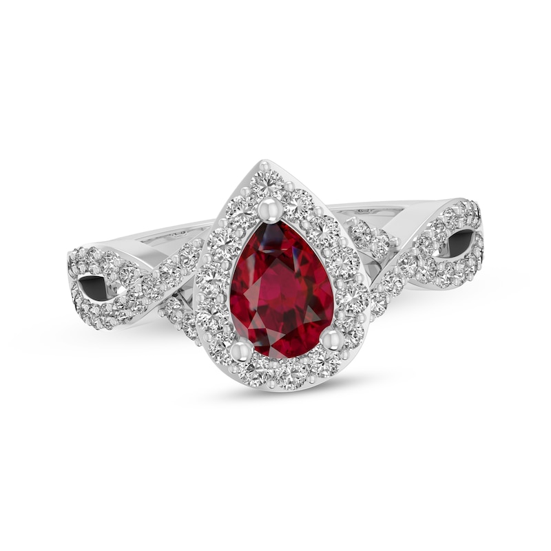 Main Image 1 of Pear-Shaped Lab-Created Ruby & White Lab-Created Sapphire Halo Ring Sterling Silver