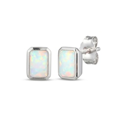 STUDIO BY KAY Emerald-Cut Lab-Created Opal Bezel-Set Solitaire Stud Earrings Sterling Silver