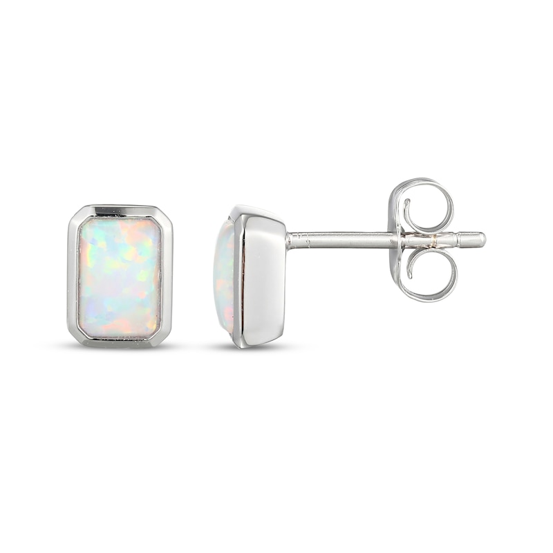 Main Image 3 of STUDIO BY KAY Emerald-Cut Lab-Created Opal Bezel-Set Solitaire Stud Earrings Sterling Silver