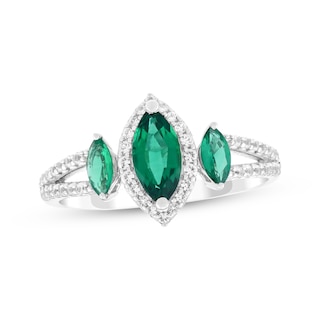 Marquise-Cut Lab-Created Emerald & White Lab-Created Sapphire Ring Sterling Silver