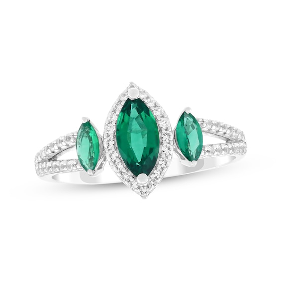 Marquise-Cut Lab-Created Emerald & White Lab-Created Sapphire Ring Sterling Silver