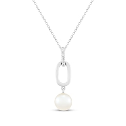 Cultured Pearl & White Lab-Created Sapphire Paperclip Link Drop Necklace Sterling Silver 18"