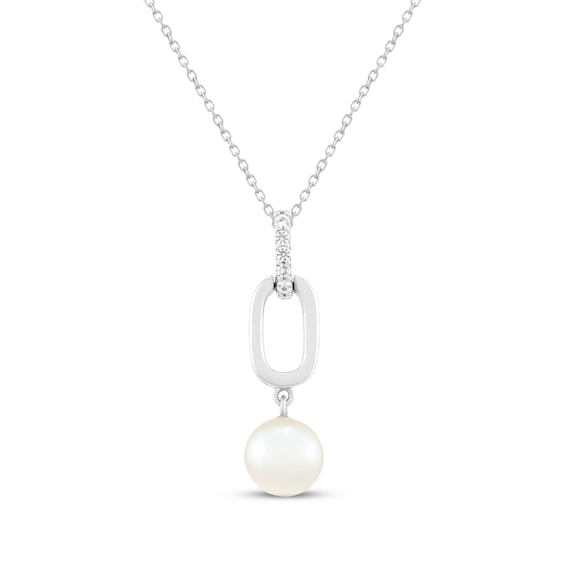 Cultured Pearl & White Lab-Created Sapphire Paperclip Link Drop Necklace Sterling Silver 18"