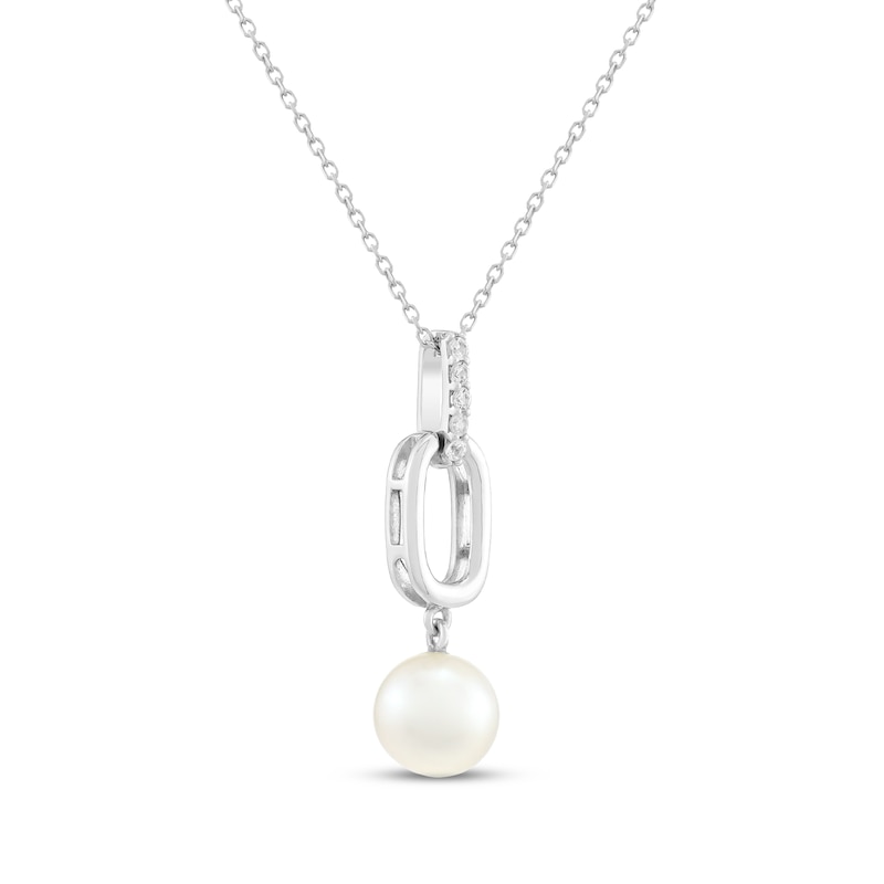 Main Image 2 of Cultured Pearl & White Lab-Created Sapphire Paperclip Link Drop Necklace Sterling Silver 18"