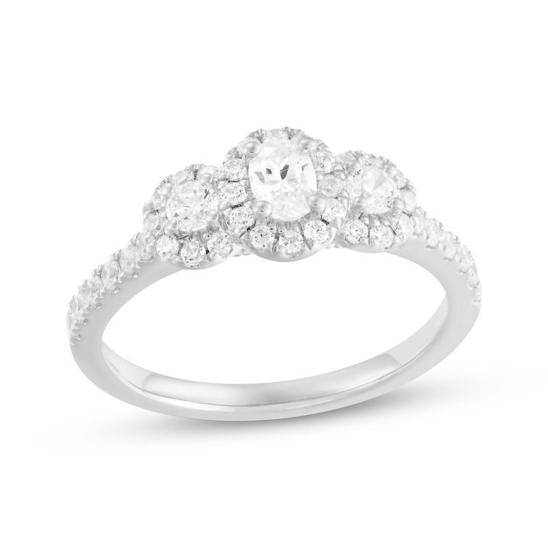 Main Image 1 of Memories Moments Magic Oval & Round-Cut Diamond Three-Stone Engagement Ring 3/4 ct tw 14K White Gold