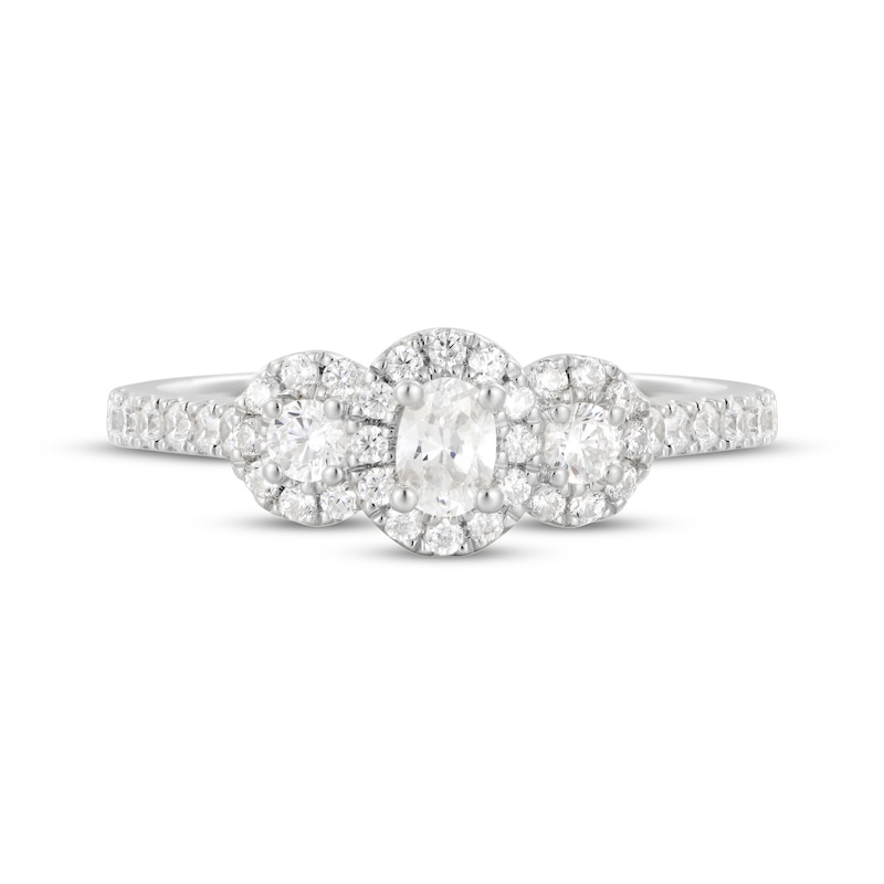 Main Image 4 of Memories Moments Magic Oval & Round-Cut Diamond Three-Stone Engagement Ring 3/4 ct tw 14K White Gold