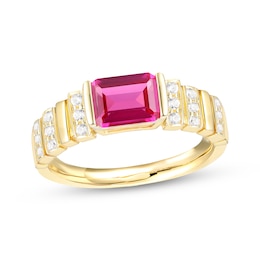 Emerald-Cut Lab-Created Ruby & White Lab-Created Sapphire Ribbed Ring 10K Yellow Gold