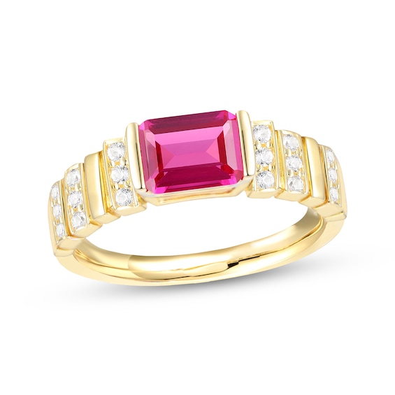 Emerald-Cut Lab-Created Ruby & White Lab-Created Sapphire Ribbed Ring 10K Yellow Gold
