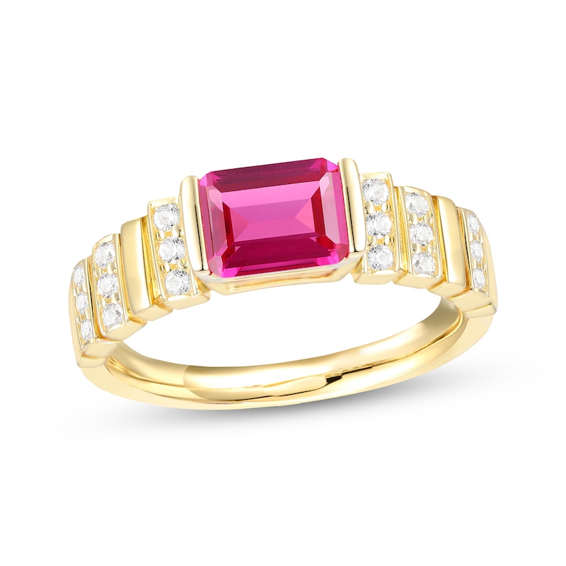 Main Image 1 of Emerald-Cut Lab-Created Ruby & White Lab-Created Sapphire Ribbed Ring 10K Yellow Gold