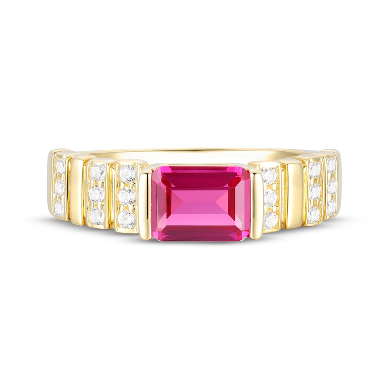 Main Image 2 of Emerald-Cut Lab-Created Ruby & White Lab-Created Sapphire Ribbed Ring 10K Yellow Gold