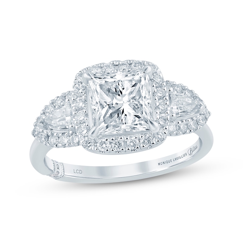 Main Image 1 of Monique Lhuillier Bliss Princess-Cut Lab-Grown Diamond Halo Three-Stone Engagement Ring 2-3/4 ct tw 18K White Gold