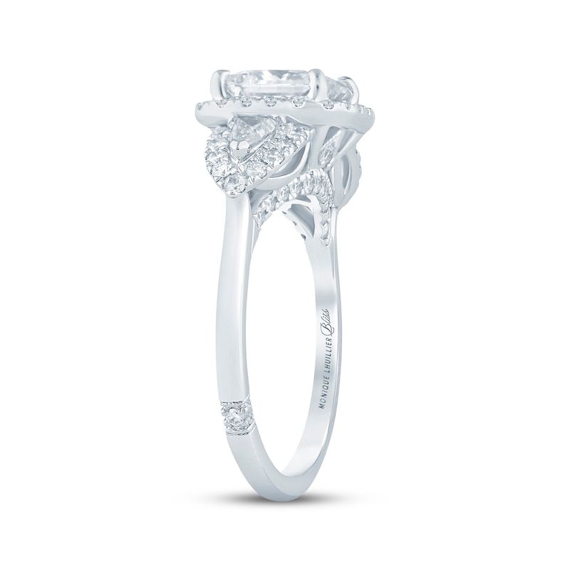 Main Image 2 of Monique Lhuillier Bliss Princess-Cut Lab-Grown Diamond Halo Three-Stone Engagement Ring 2-3/4 ct tw 18K White Gold